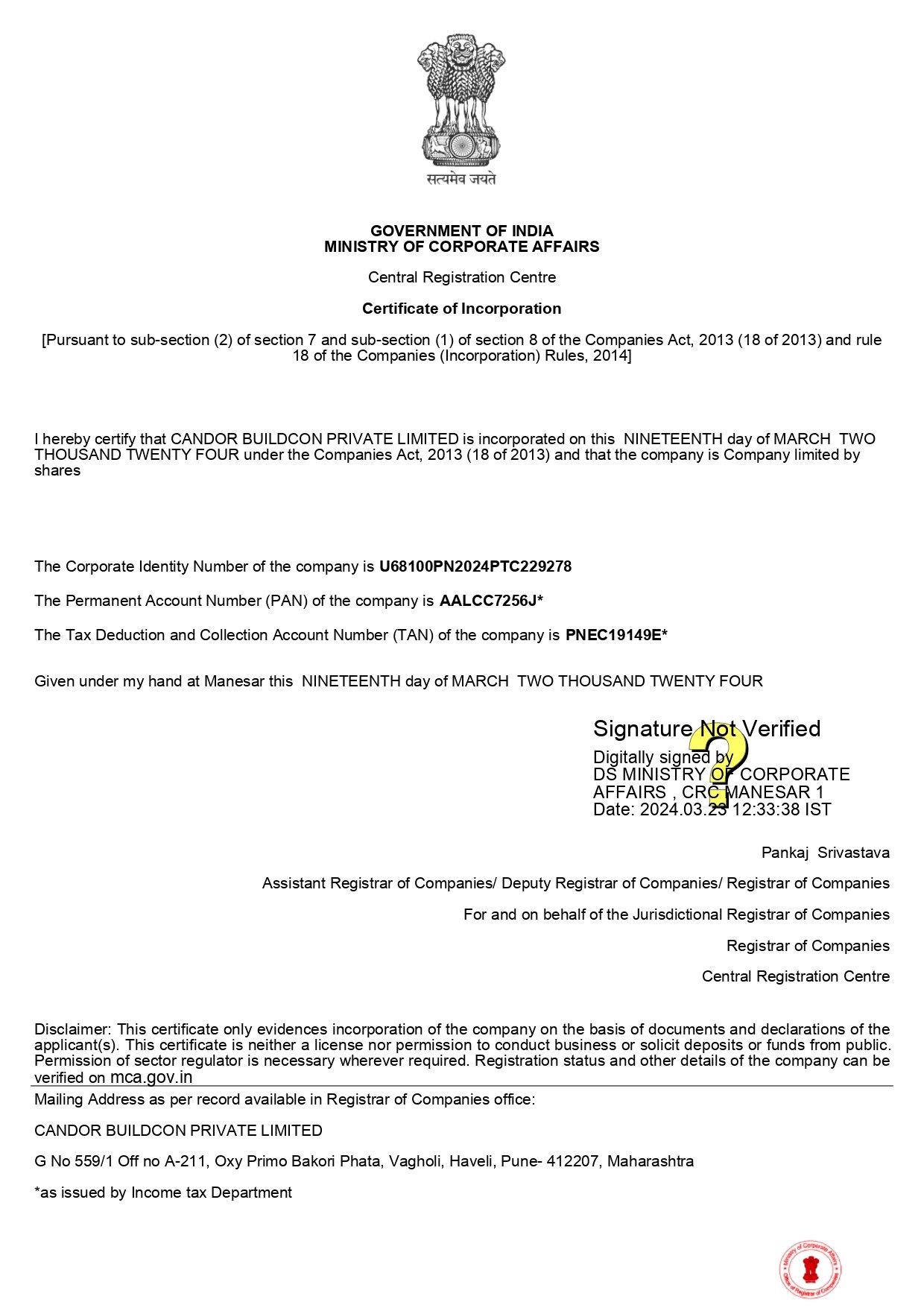 Certificate of Registration – Candor Properties